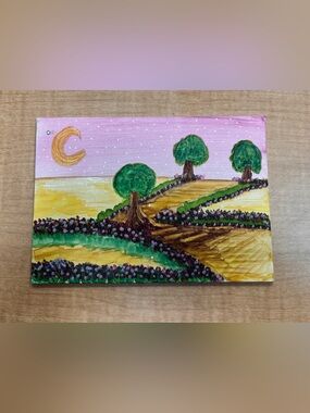Hand-Painted Pink and Yellow Landscape Canvas Art 5x7